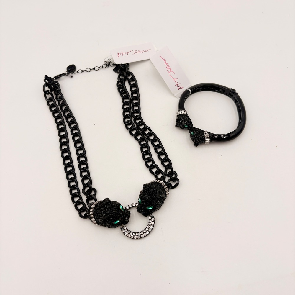 Betsey Johnson Halloween Black Panther Jewelry Set Necklace Bracelet Green Eyes